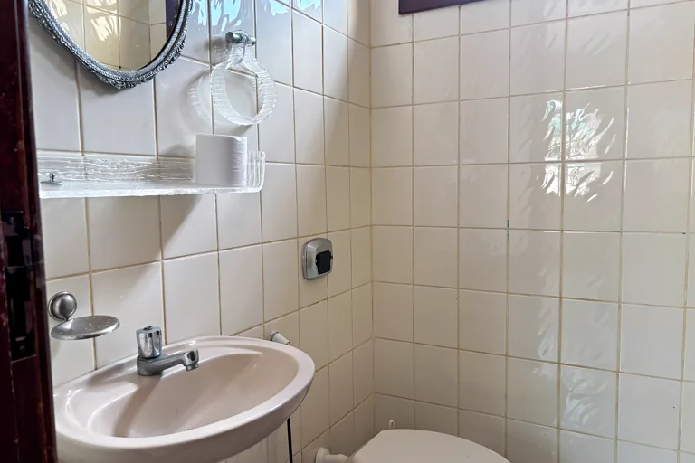Lavabo com pia espelho e vaso sanitario revestido em azulejo claro