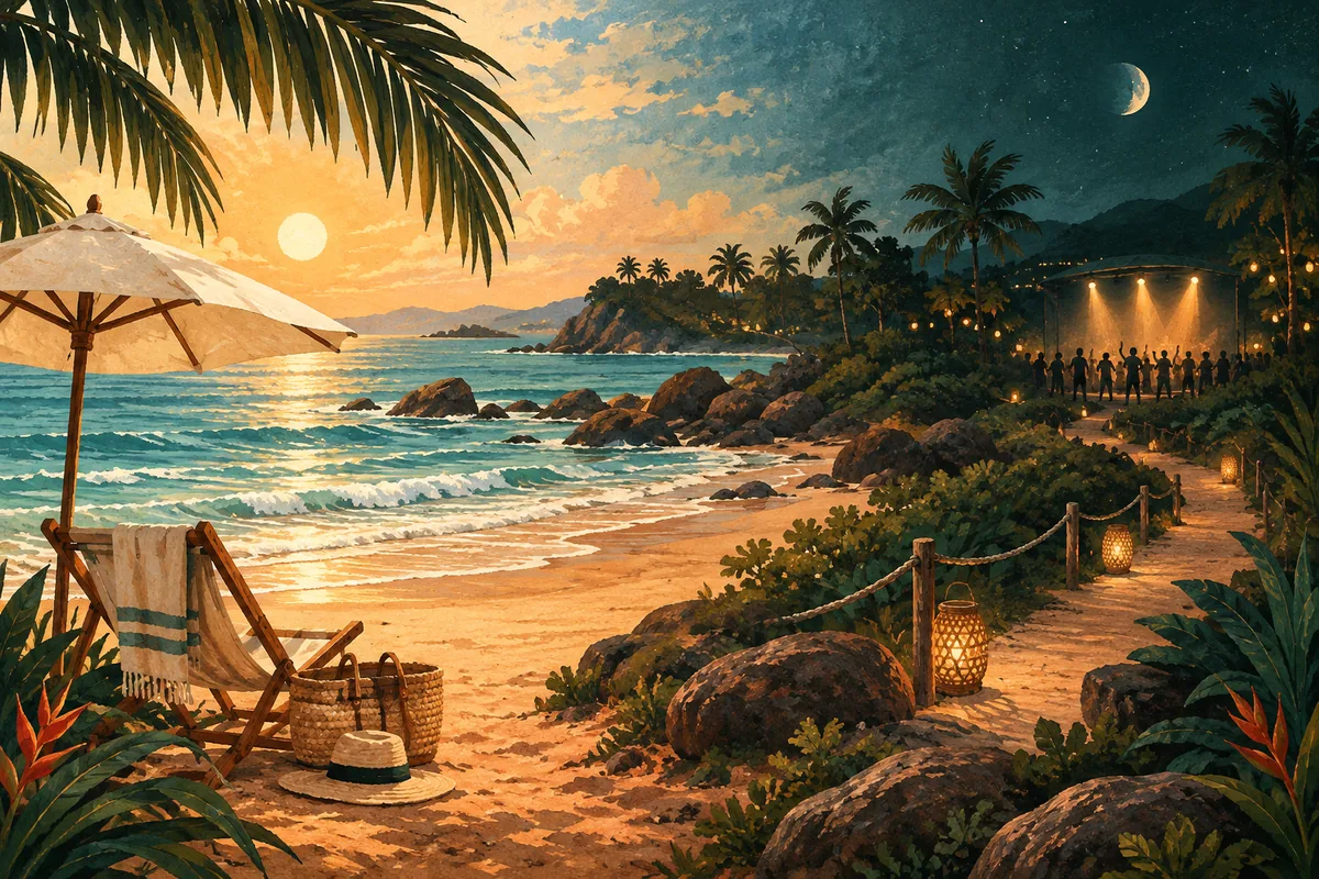 Ilustração conceitual de um dia de praia e uma apresentação musical ao anoitecer