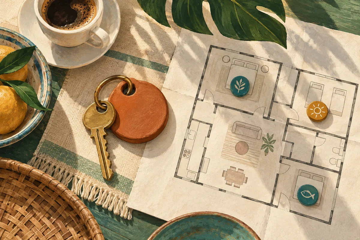 Ilustração de uma chave, planta conceitual de uma casa e pequenos marcadores de quartos