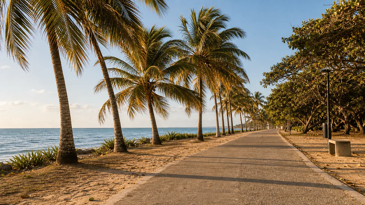 Calcadao de coqueiros a beira-mar na regiao de Taperapuan, Orla Norte de Porto Seguro