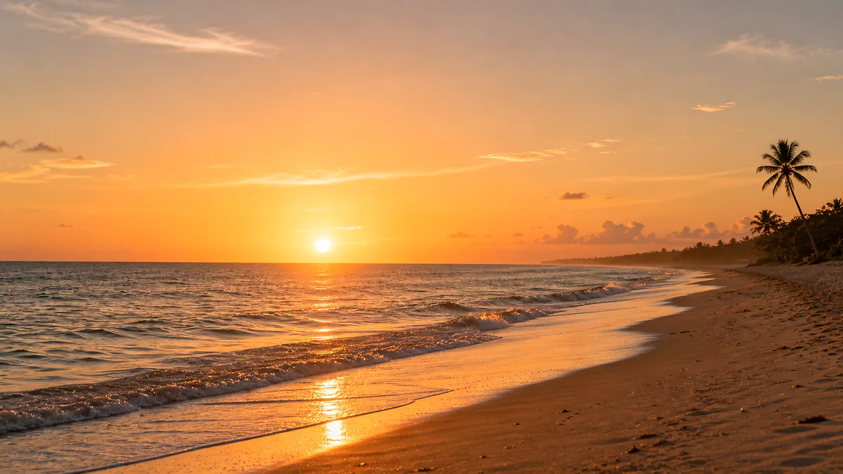 Por do sol no mar, com a praia e um coqueiro em silhueta, na Orla Norte de Porto Seguro