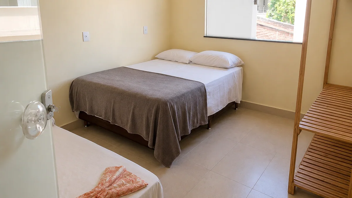 Quarto com cama de casal, cama de solteiro, janela e estante de madeira.